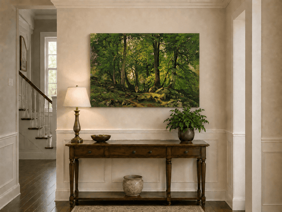 Unframed hand-painted sunlit forest path oil painting with a solitary figure among green trees displayed above an entryway console table.