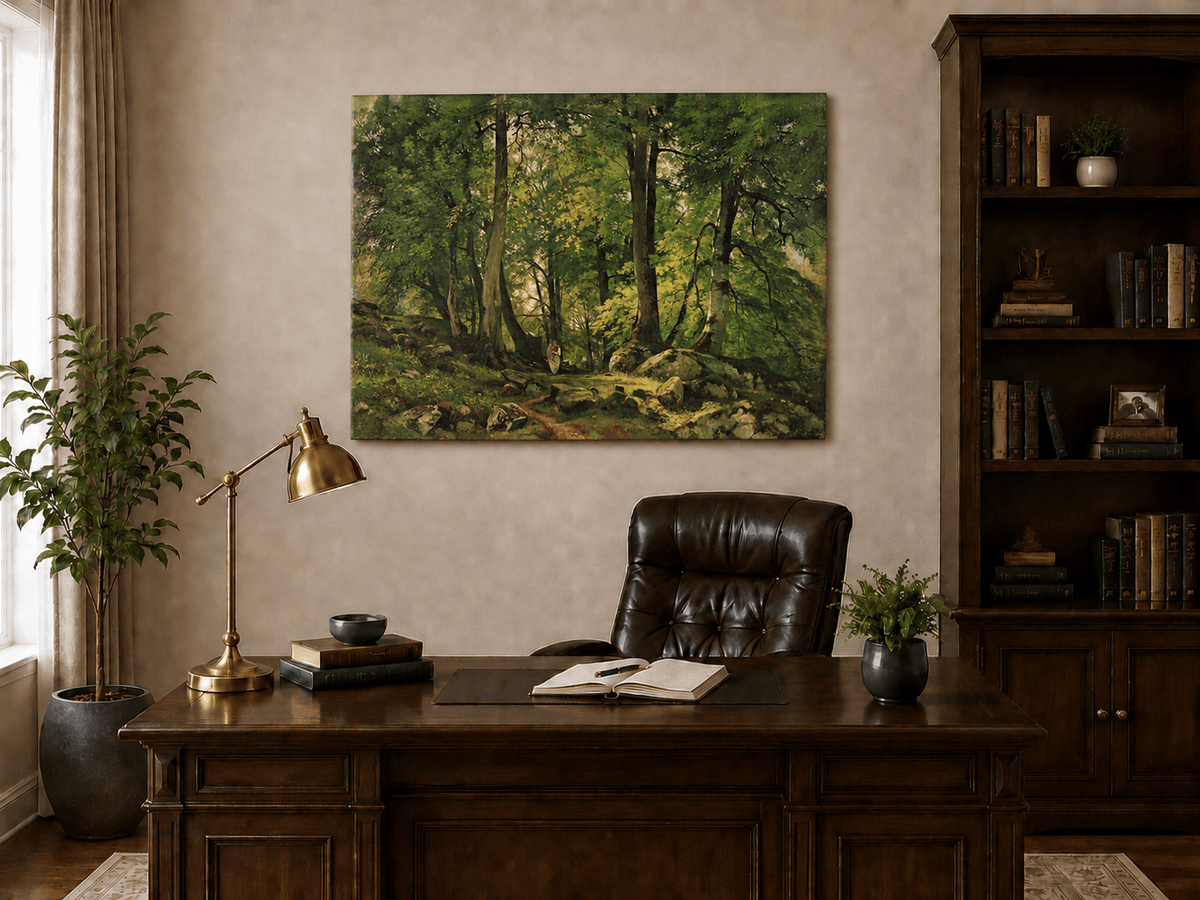 Unframed hand-painted sunlit forest path oil painting with a solitary figure among green trees displayed above a traditional home office desk.
