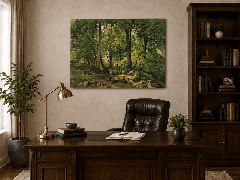 Unframed hand-painted sunlit forest path oil painting with a solitary figure among green trees displayed above a traditional home office desk.