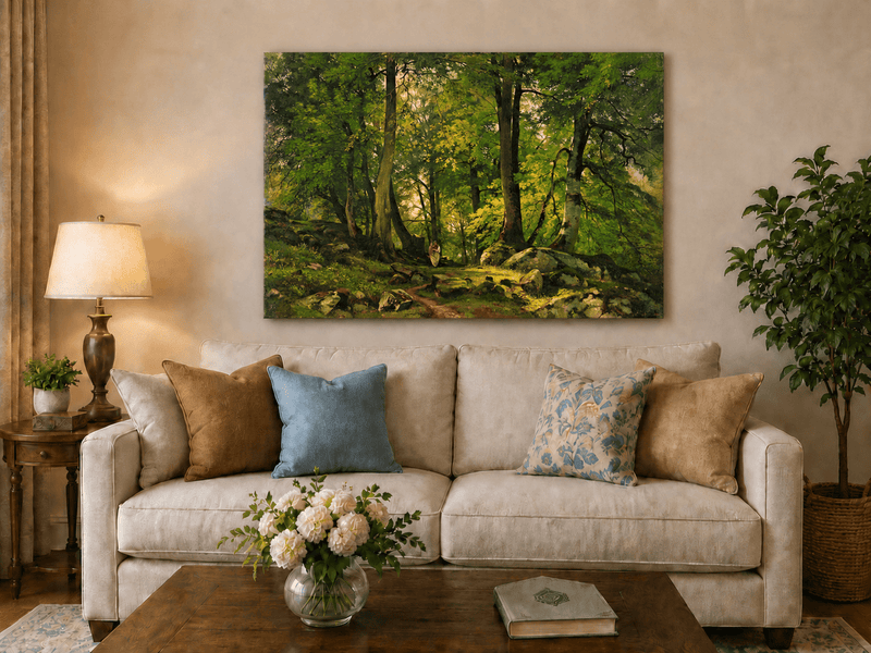 Unframed hand-painted sunlit forest path oil painting with a solitary figure among green trees displayed above a neutral living room sofa.