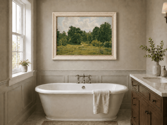 Framed hand-painted sunlit forest path oil painting through an open green clearing displayed above a freestanding bathtub.