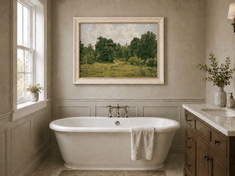 Framed hand-painted sunlit forest path oil painting through an open green clearing displayed above a freestanding bathtub.