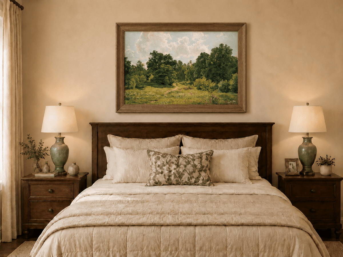 Framed hand-painted sunlit forest path oil painting through an open green clearing displayed above a wooden bed in a neutral bedroom.