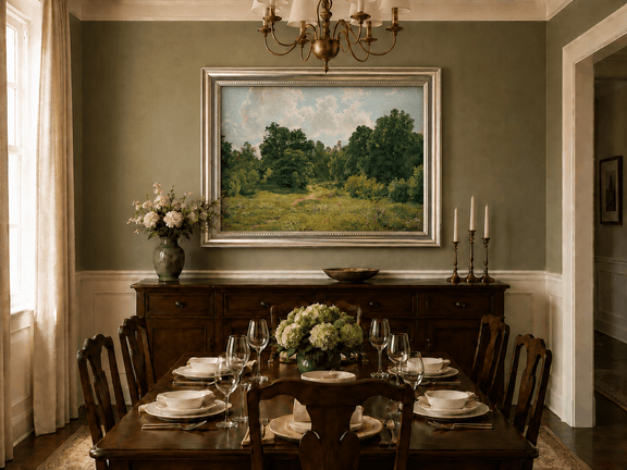 Framed hand-painted sunlit forest path oil painting through an open green clearing displayed above a formal dining table.
