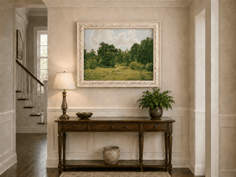 Framed hand-painted sunlit forest path oil painting through an open green clearing displayed above an entryway console table.