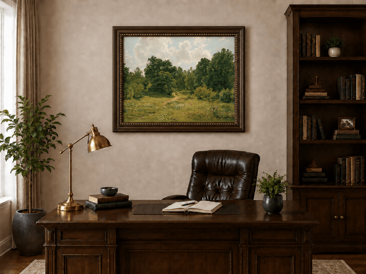 Framed hand-painted sunlit forest path oil painting through an open green clearing displayed above a traditional home office desk.