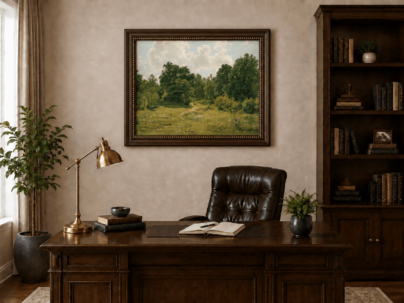 Framed hand-painted sunlit forest path oil painting through an open green clearing displayed above a traditional home office desk.