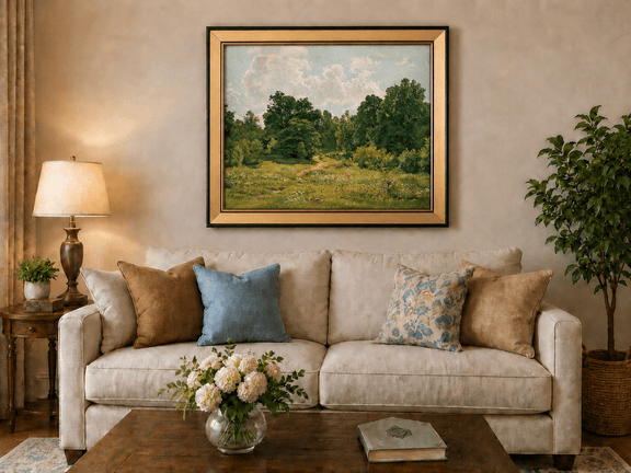 Framed hand-painted sunlit forest path oil painting through an open green clearing displayed above a neutral living room sofa.
