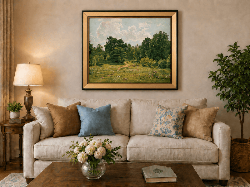 Framed hand-painted sunlit forest path oil painting through an open green clearing displayed above a neutral living room sofa.