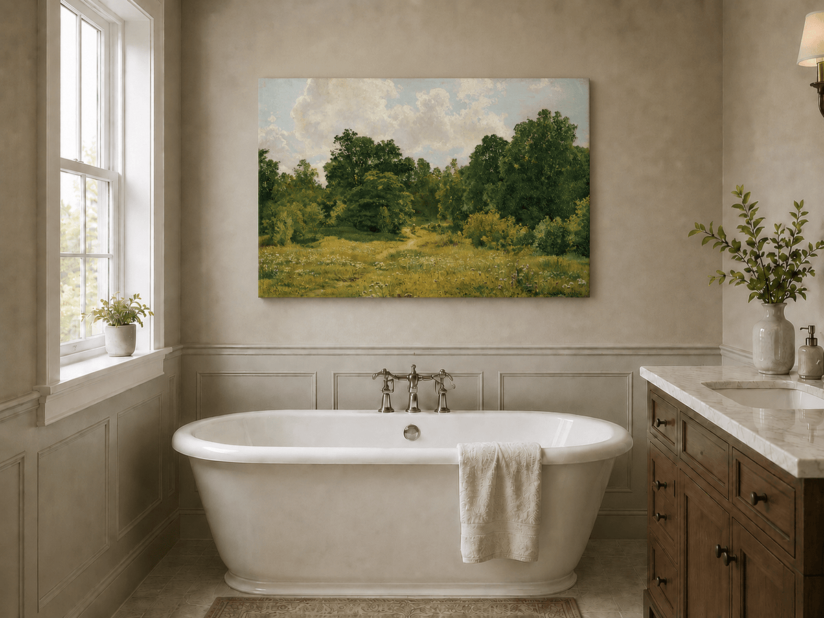 Unframed hand-painted sunlit forest path oil painting through an open green clearing displayed above a freestanding bathtub.