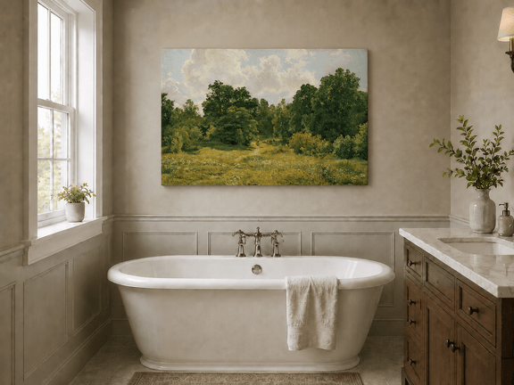 Unframed hand-painted sunlit forest path oil painting through an open green clearing displayed above a freestanding bathtub.