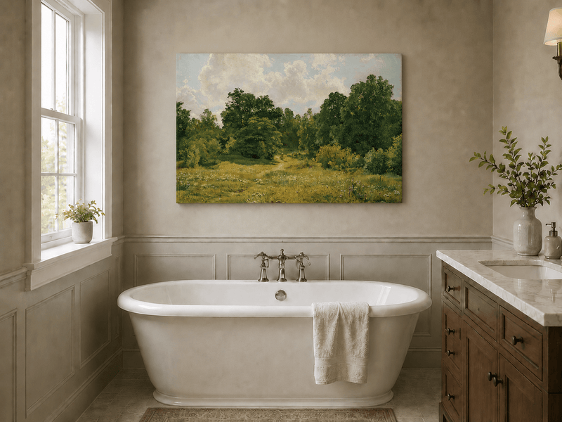 Unframed hand-painted sunlit forest path oil painting through an open green clearing displayed above a freestanding bathtub.