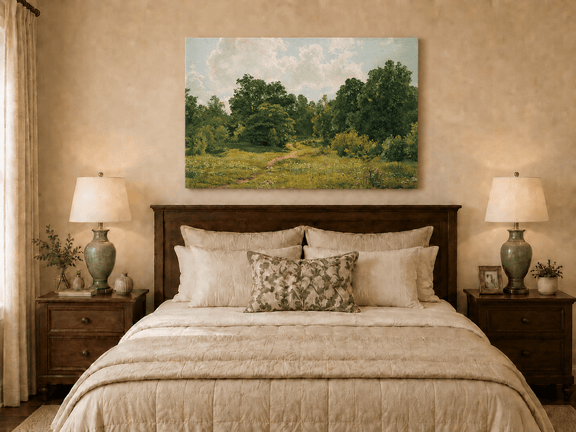 Unframed hand-painted sunlit forest path oil painting through an open green clearing displayed above a wooden bed in a neutral bedroom.