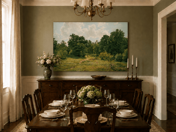 Unframed hand-painted sunlit forest path oil painting through an open green clearing displayed above a formal dining table.
