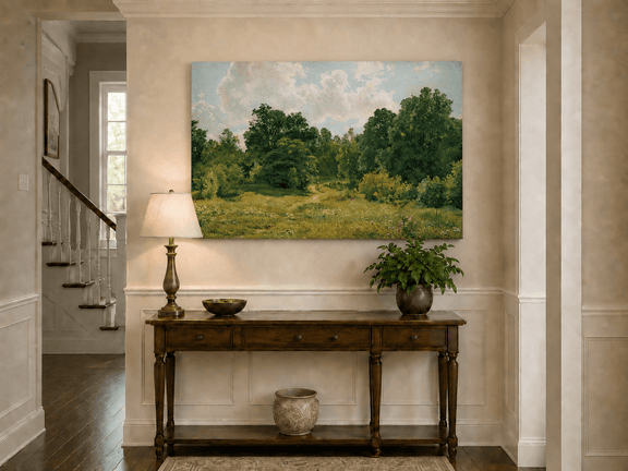 Unframed hand-painted sunlit forest path oil painting through an open green clearing displayed above an entryway console table.