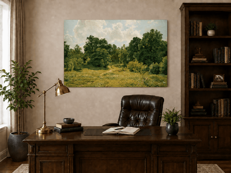 Unframed hand-painted sunlit forest path oil painting through an open green clearing displayed above a traditional home office desk.