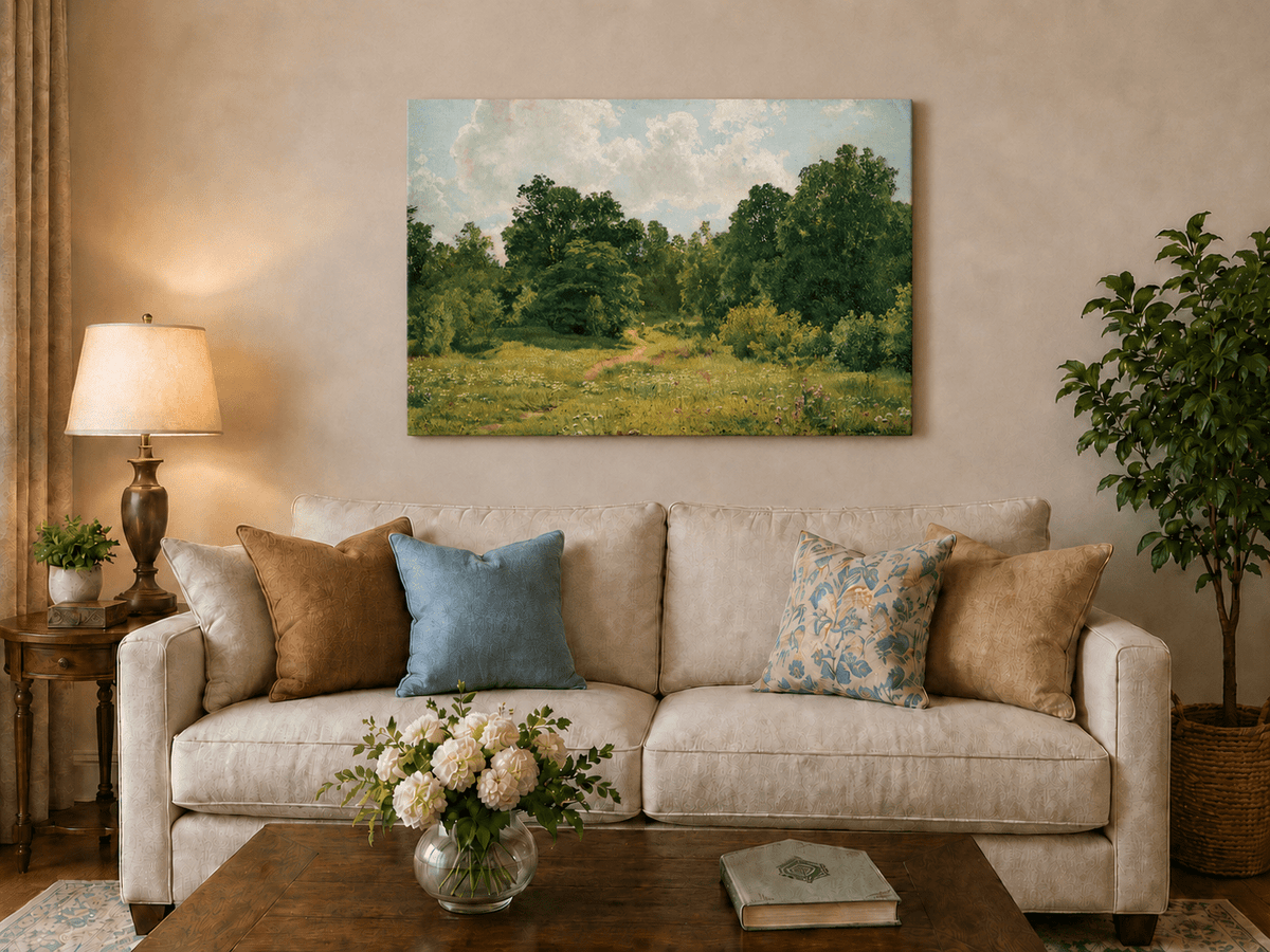 Unframed hand-painted sunlit forest path oil painting through an open green clearing displayed above a neutral living room sofa.
