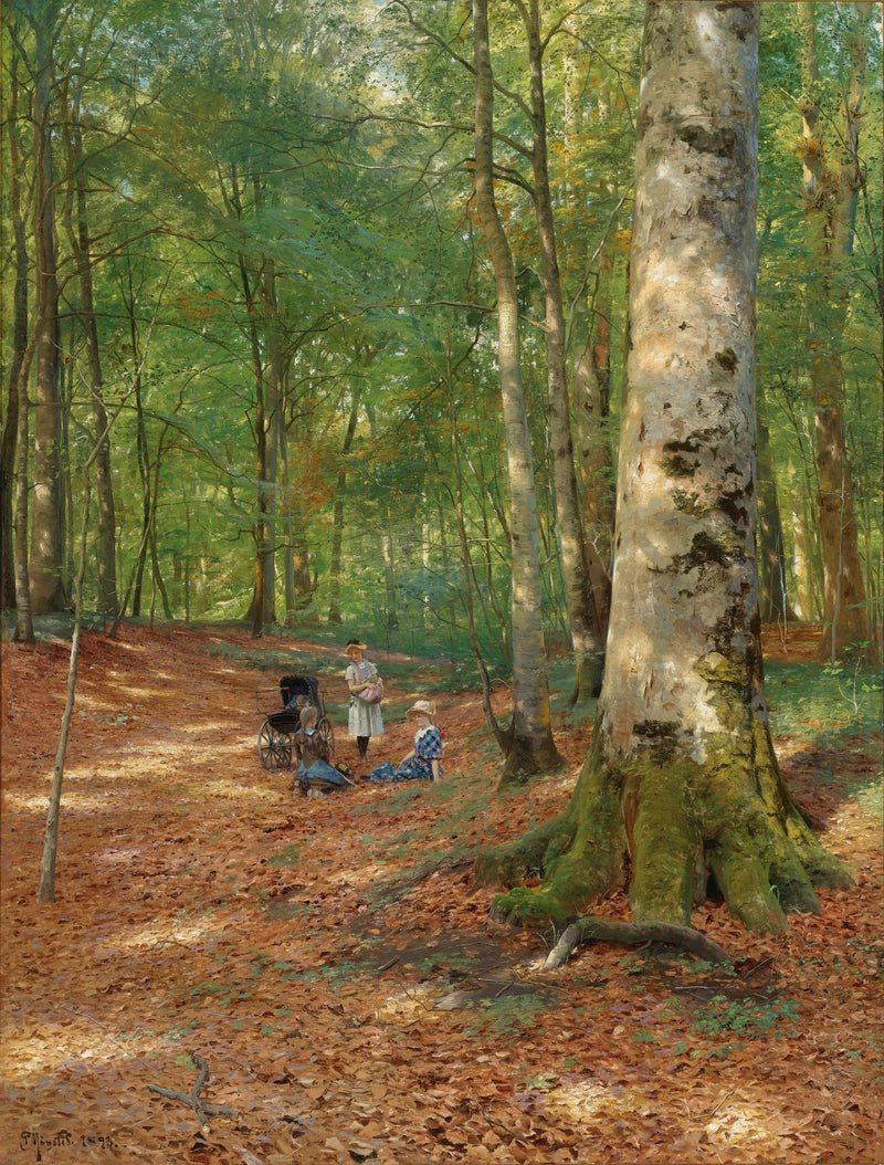 Sunlit Forest Path with Figures – Hand - Painted Landscape Oil Painting - Oil Painting Haven