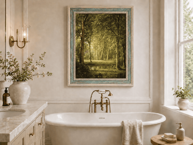 Framed hand-painted sunlit forest pond oil painting with tall trees and golden reflections displayed above a freestanding bathtub.
