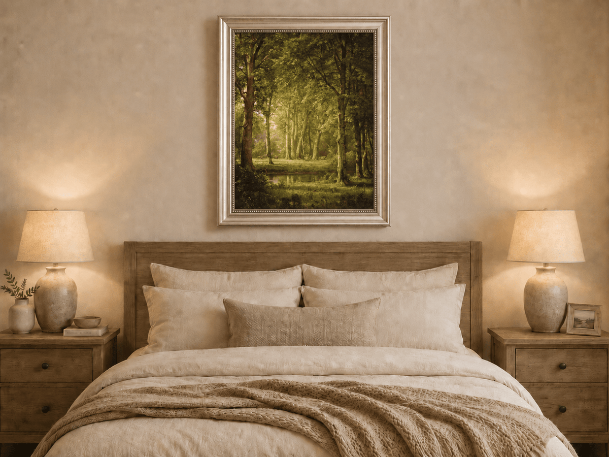 Framed hand-painted sunlit forest pond oil painting with tall trees and golden reflections displayed above a wooden bed in a neutral bedroom.