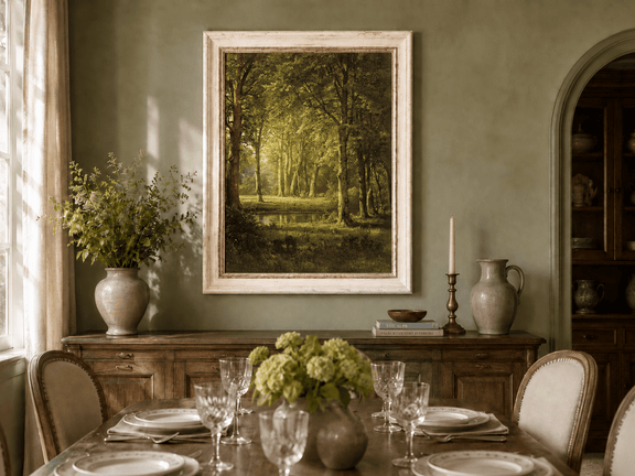 Framed hand-painted sunlit forest pond oil painting with tall trees and golden reflections displayed above a formal dining table.