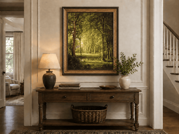 Framed hand-painted sunlit forest pond oil painting with tall trees and golden reflections displayed above an entryway console table.