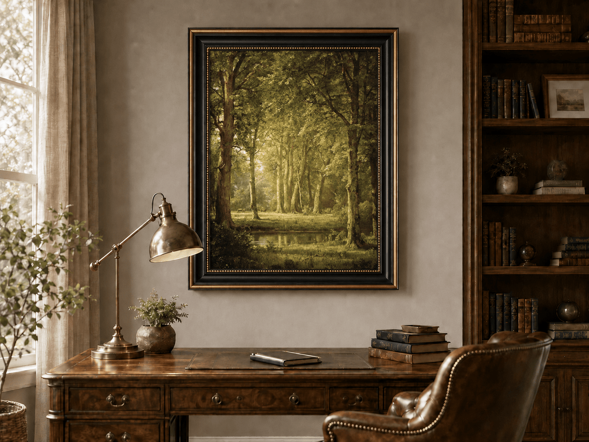 Framed hand-painted sunlit forest pond oil painting with tall trees and golden reflections displayed above a traditional home office desk.