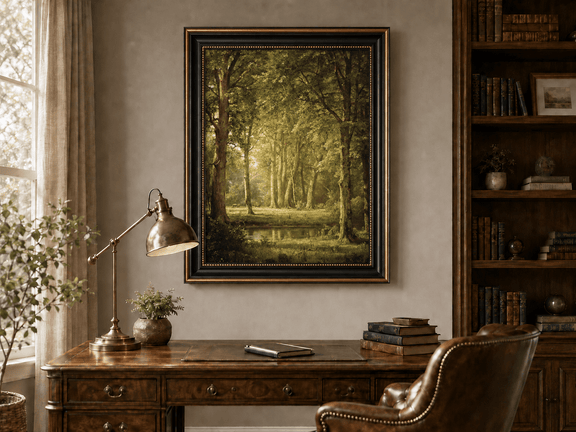Framed hand-painted sunlit forest pond oil painting with tall trees and golden reflections displayed above a traditional home office desk.