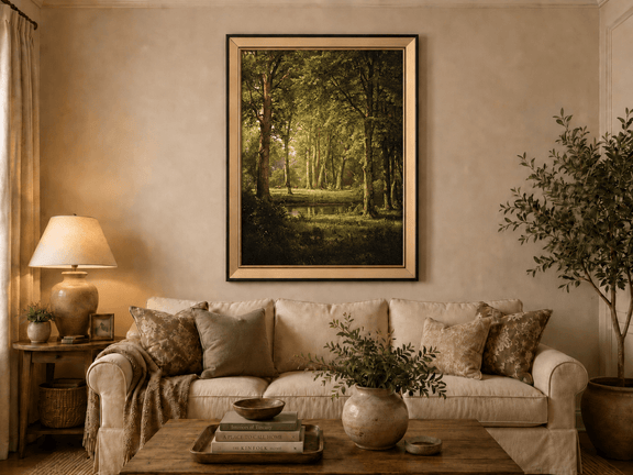 Framed hand-painted sunlit forest pond oil painting with tall trees and golden reflections displayed above a neutral living room sofa.