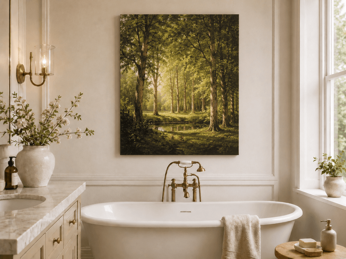 Unframed hand-painted sunlit forest pond oil painting with tall trees and golden reflections displayed above a freestanding bathtub.
