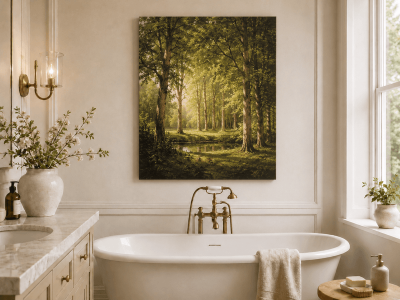 Unframed hand-painted sunlit forest pond oil painting with tall trees and golden reflections displayed above a freestanding bathtub.