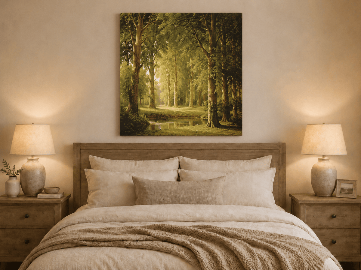 Unframed hand-painted sunlit forest pond oil painting with tall trees and golden reflections displayed above a wooden bed in a neutral bedroom.