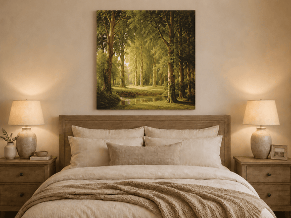 Unframed hand-painted sunlit forest pond oil painting with tall trees and golden reflections displayed above a wooden bed in a neutral bedroom.