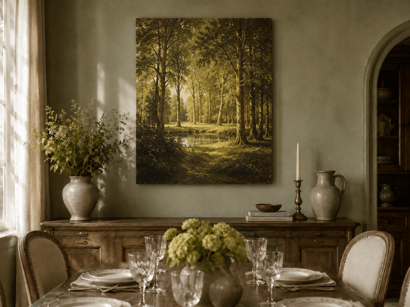 Unframed hand-painted sunlit forest pond oil painting with tall trees and golden reflections displayed above a formal dining table.