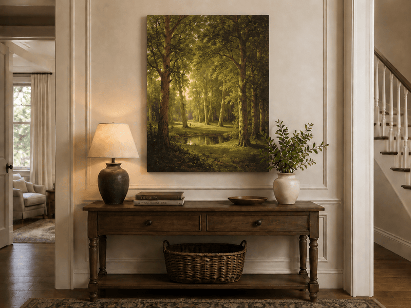 Unframed hand-painted sunlit forest pond oil painting with tall trees and golden reflections displayed above an entryway console table.