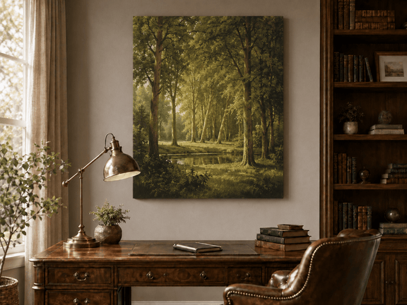 Unframed hand-painted sunlit forest pond oil painting with tall trees and golden reflections displayed above a traditional home office desk.