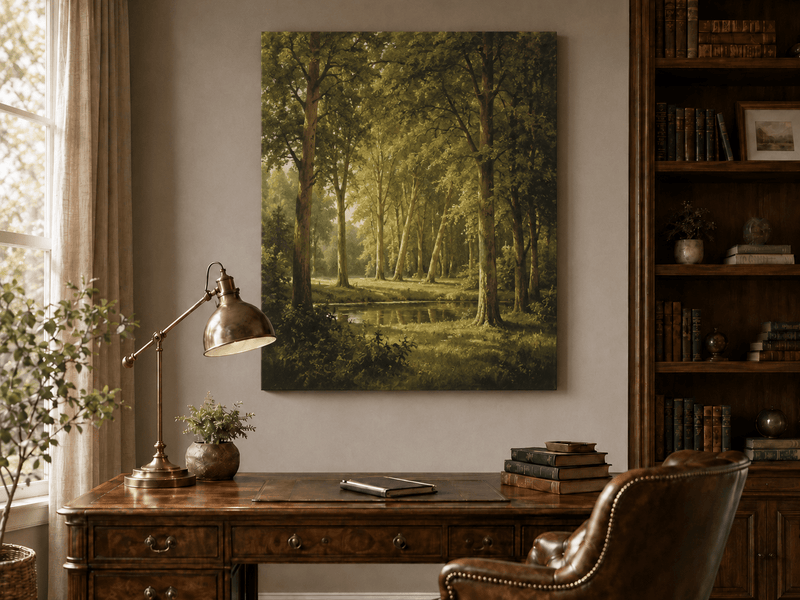 Unframed hand-painted sunlit forest pond oil painting with tall trees and golden reflections displayed above a traditional home office desk.