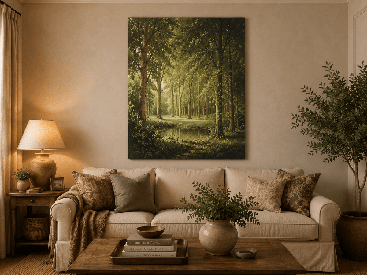 Unframed hand-painted sunlit forest pond oil painting with tall trees and golden reflections displayed above a neutral living room sofa.