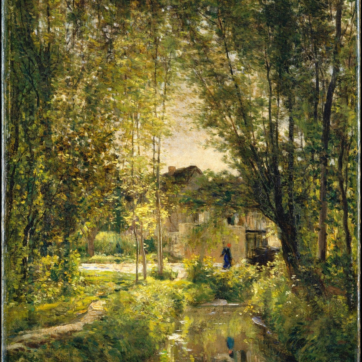 Sunlit Forest Stream and Cottage - Landscape Oil Painting - Oil Painting Haven
