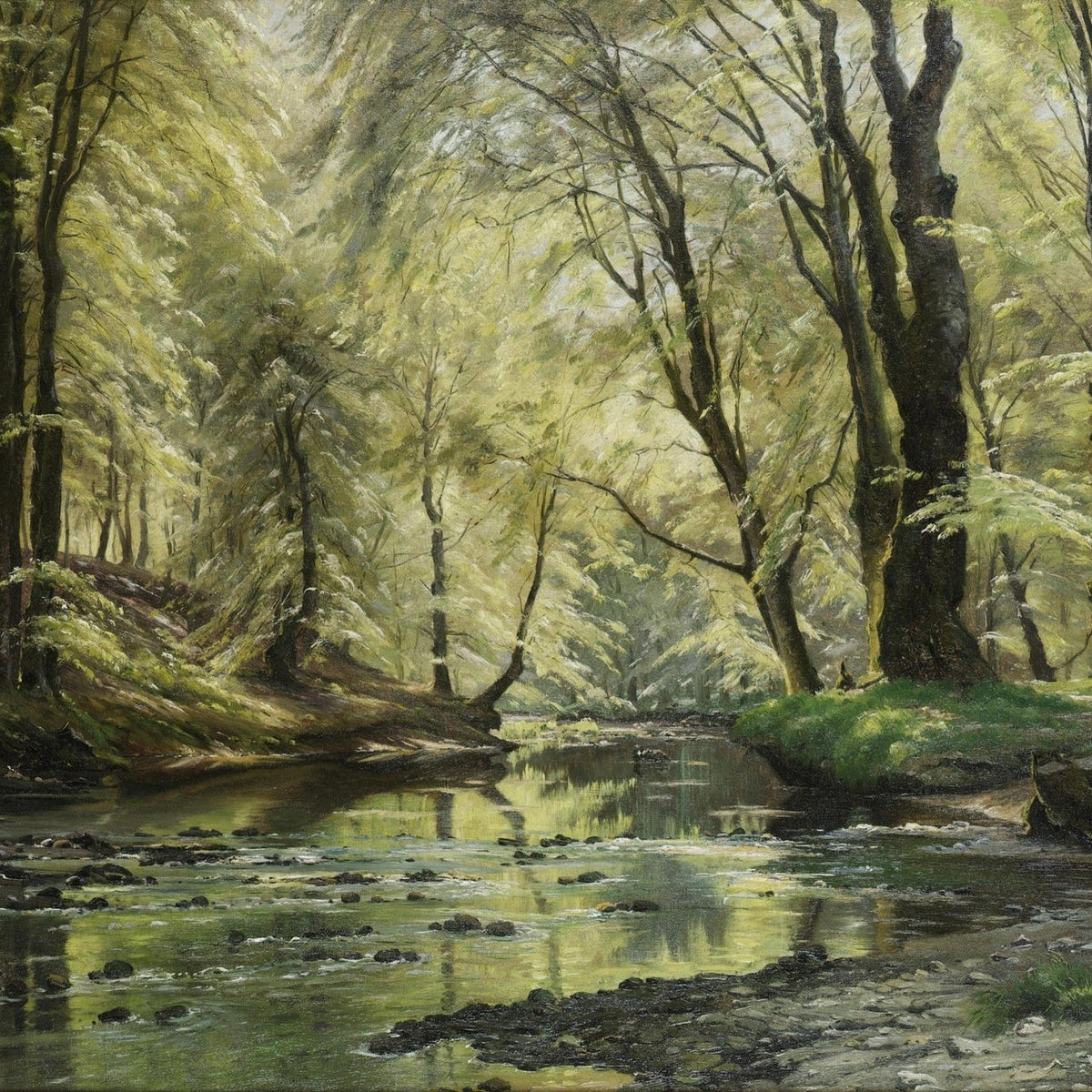 Sunlit Forest Stream, Reflections – Hand - Painted Landscape Oil Painting - Oil Painting Haven
