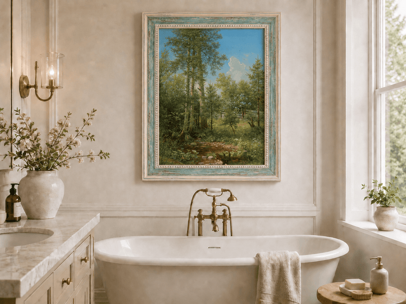 Framed hand-painted sunlit forest oil painting with a stream and wildflower glade displayed above a freestanding bathtub.