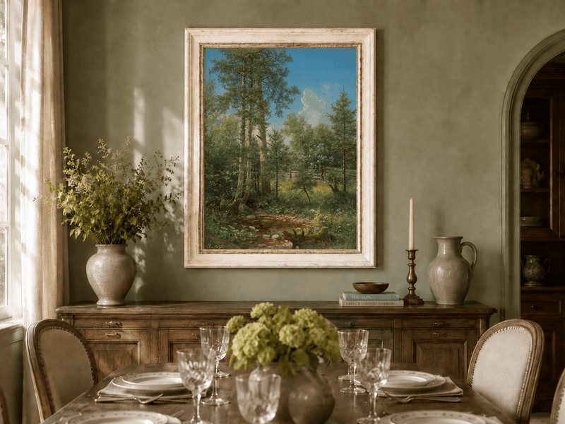 Framed hand-painted sunlit forest oil painting with a stream and wildflower glade displayed above a formal dining table.
