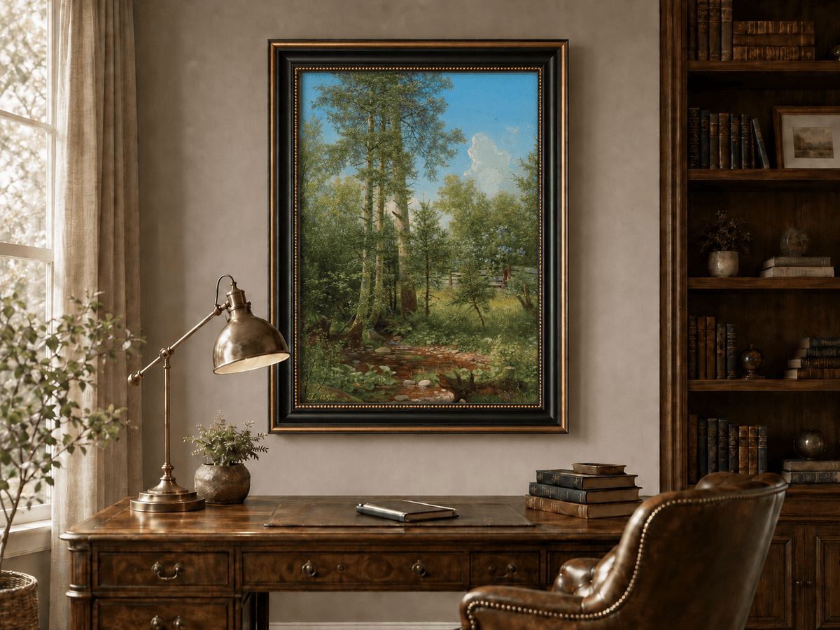 Framed hand-painted sunlit forest oil painting with a stream and wildflower glade displayed above a traditional home office desk.