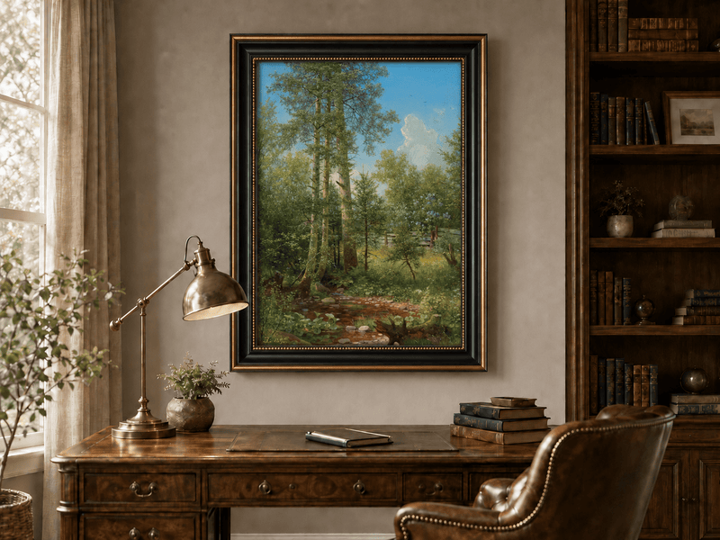 Framed hand-painted sunlit forest oil painting with a stream and wildflower glade displayed above a traditional home office desk.