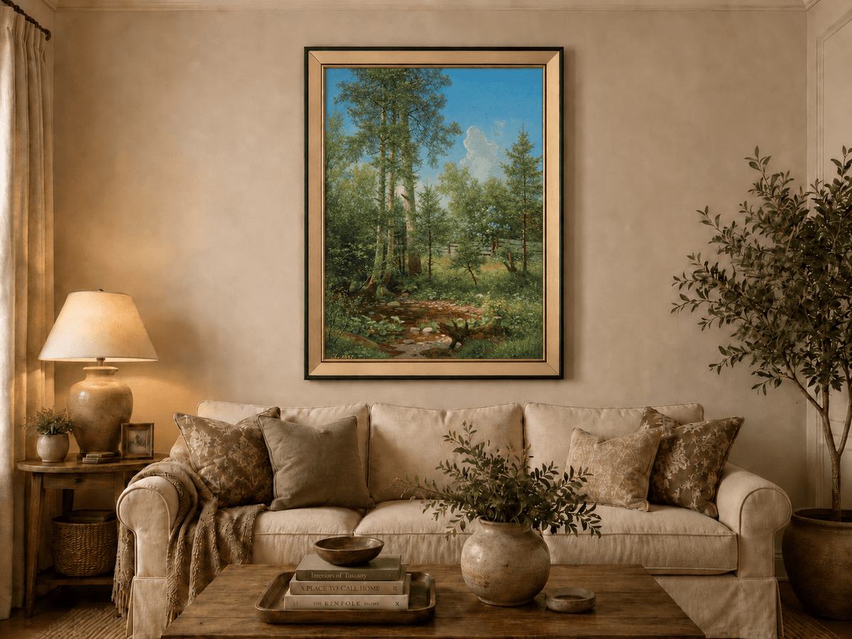 Framed hand-painted sunlit forest oil painting with a stream and wildflower glade displayed above a neutral living room sofa.