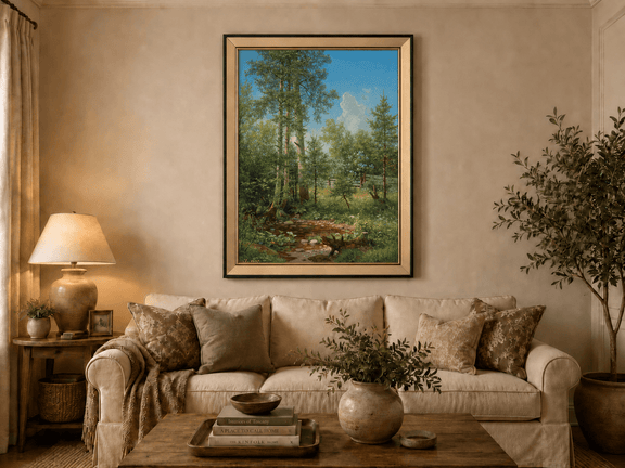 Framed hand-painted sunlit forest oil painting with a stream and wildflower glade displayed above a neutral living room sofa.