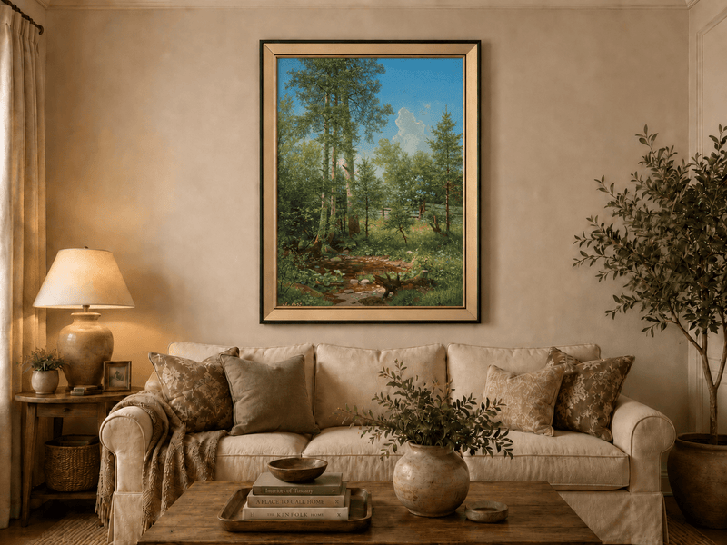 Framed hand-painted sunlit forest oil painting with a stream and wildflower glade displayed above a neutral living room sofa.