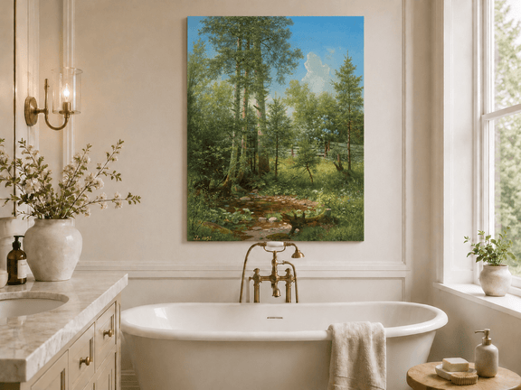 Unframed hand-painted sunlit forest oil painting with a stream and wildflower glade displayed above a freestanding bathtub.