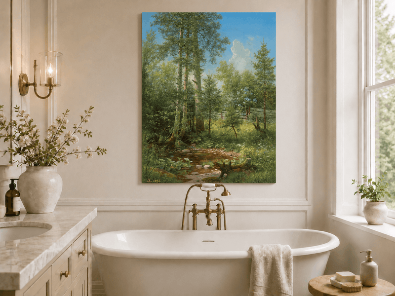 Unframed hand-painted sunlit forest oil painting with a stream and wildflower glade displayed above a freestanding bathtub.