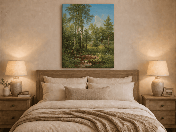 Unframed hand-painted sunlit forest oil painting with a stream and wildflower glade displayed above a wooden bed in a neutral bedroom.